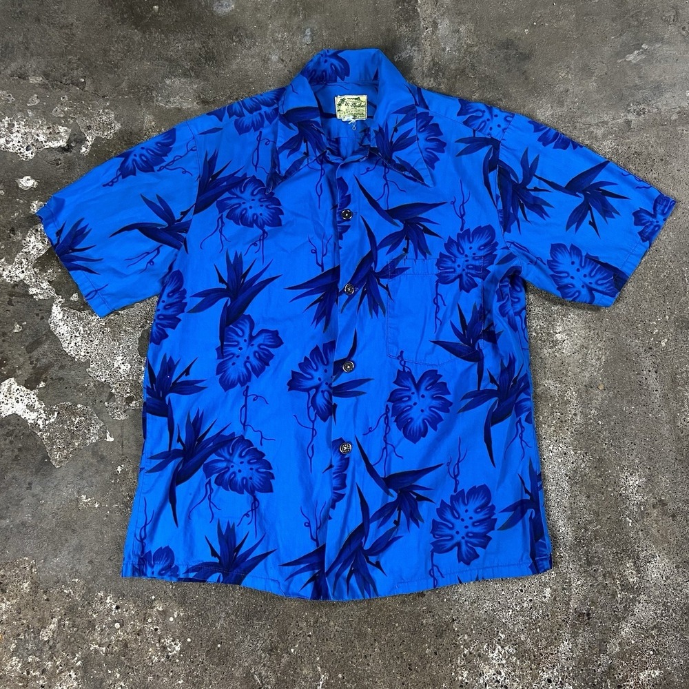 Vintage 60s Ui-Maikai‎ Hawaiian T-Shirt Size Large Blue Button Down Aloha Floral